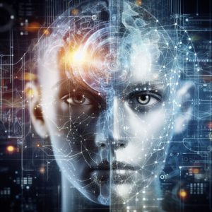 Rostro humano superpuesto con inteligencia artificial